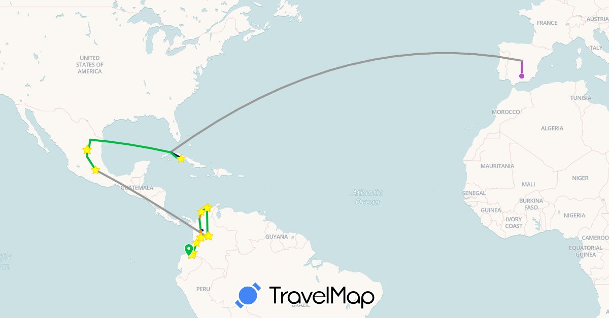 TravelMap itinerary: driving, bus, plane, train, hiking, hitchhiking, motorbike in Colombia, Cuba, Ecuador, Spain, Mexico (Europe, North America, South America)